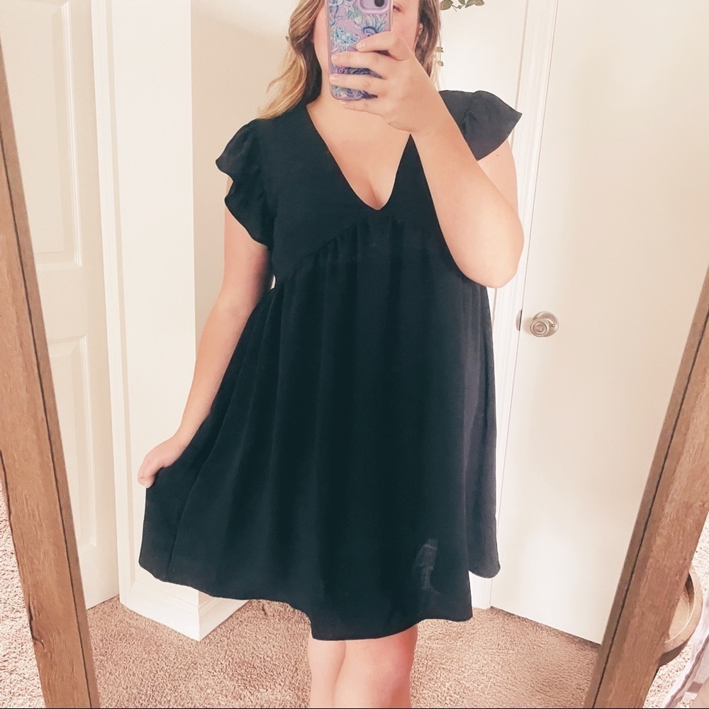 NEW Sweet Adelyn Black Ruffle Sleeve V-Neck Babydoll Mini Dress - Boutique